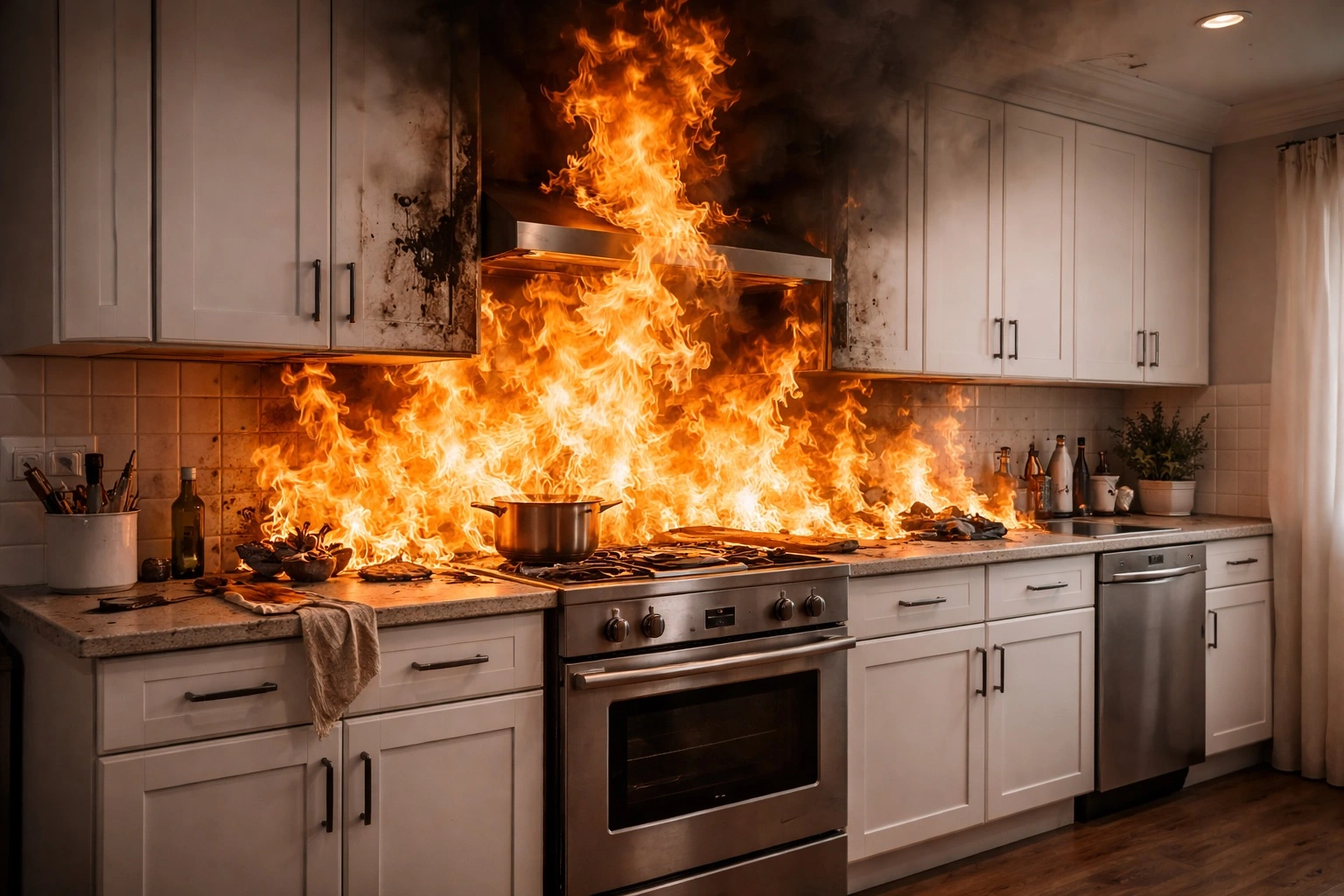 Kitchen fire damage requiring fire restoration services