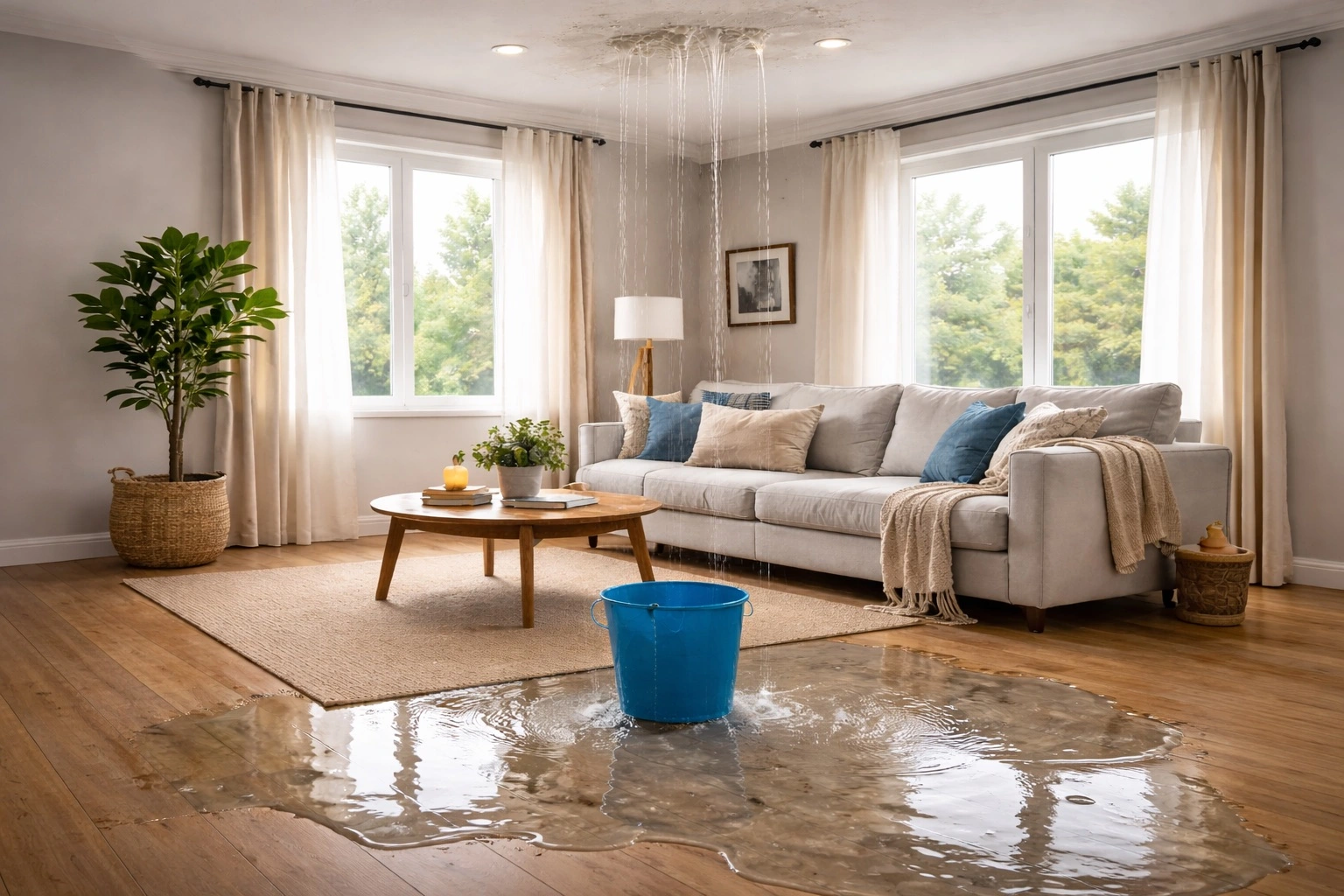 Living room water damage requiring professional water mitigation